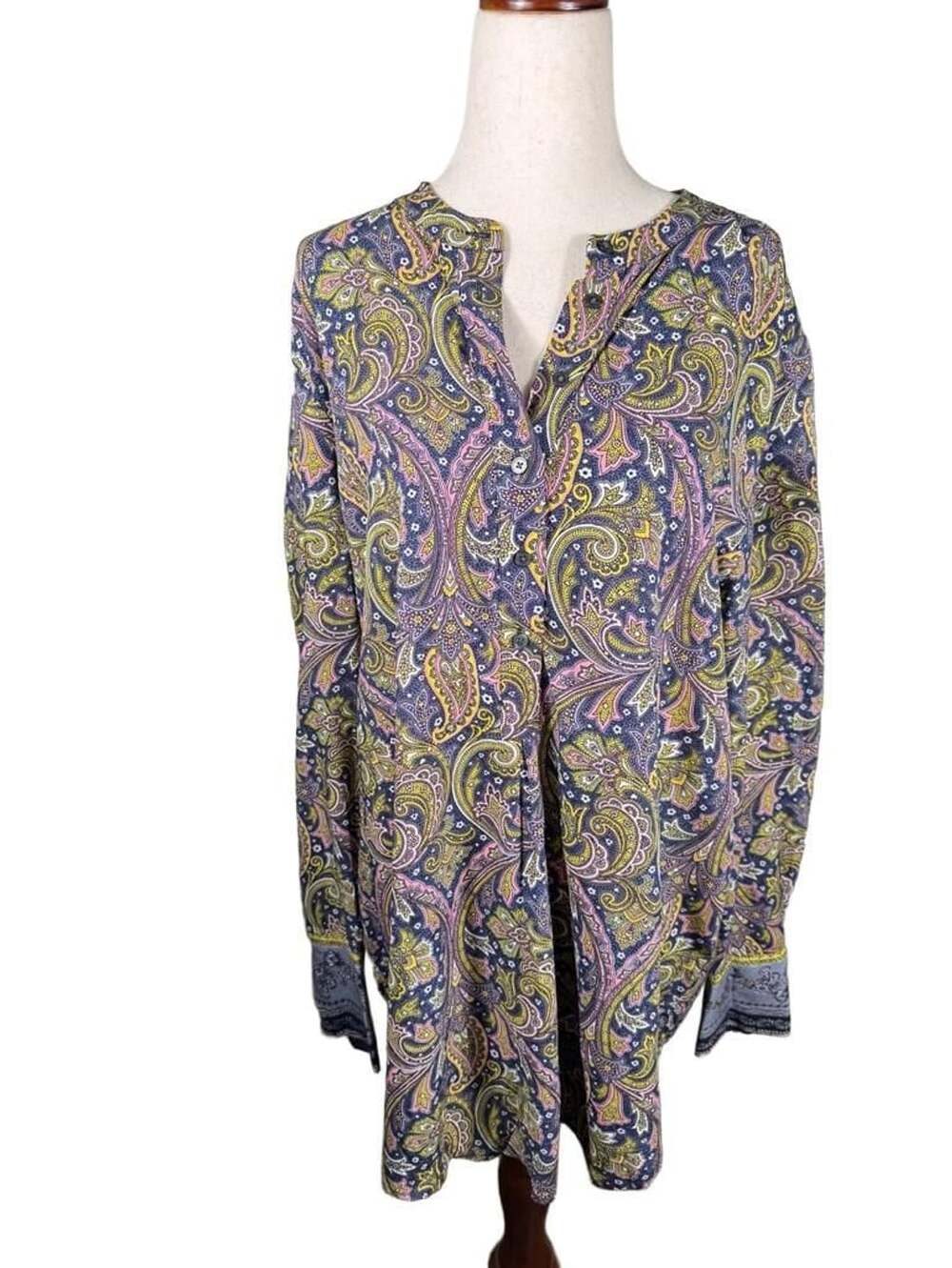 LOFT Women's Blue Pink Yellow Border Paisley Henley Tunic Size Medium h1402